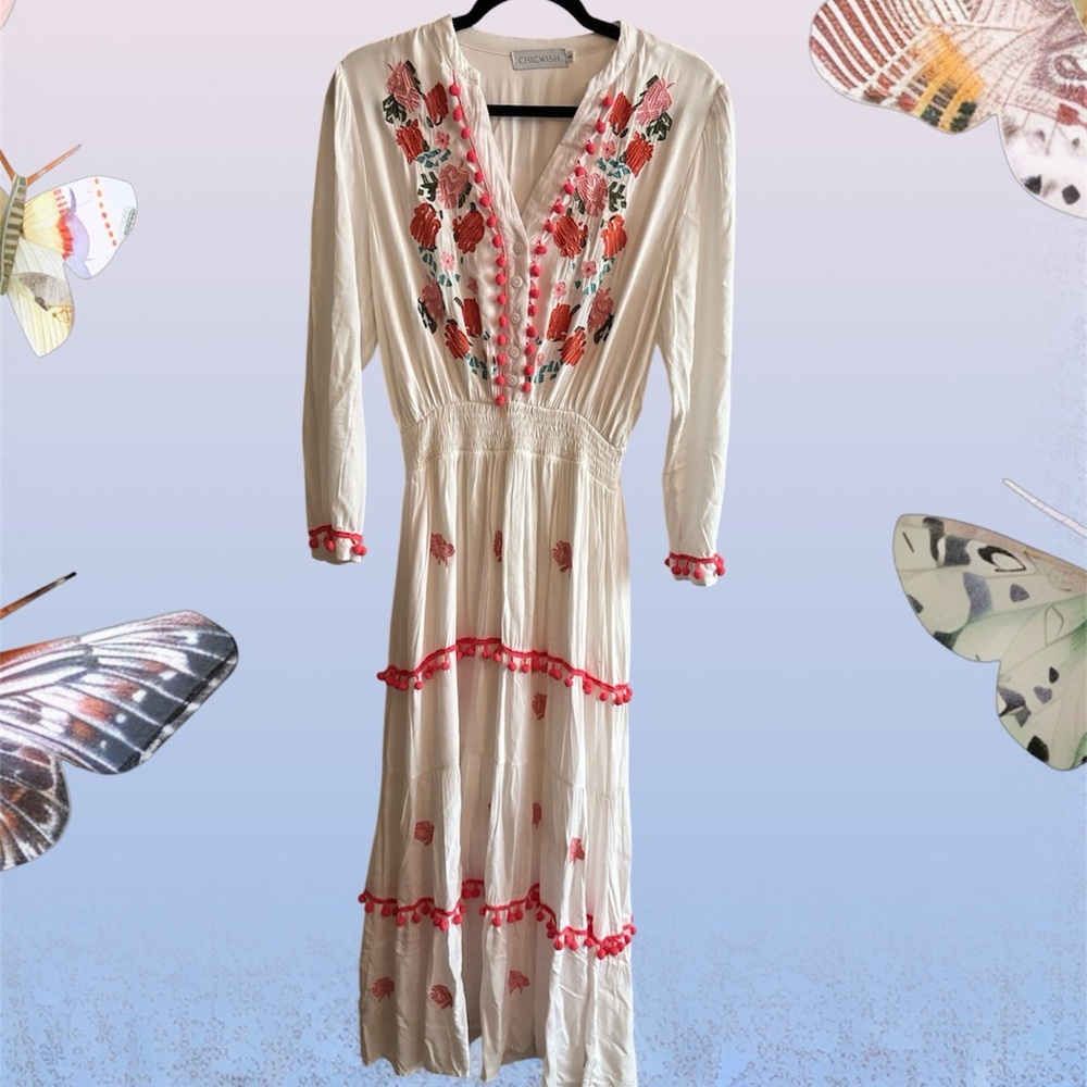 Chicwish Cream Maxi Dress with Pink and Red Embroidery